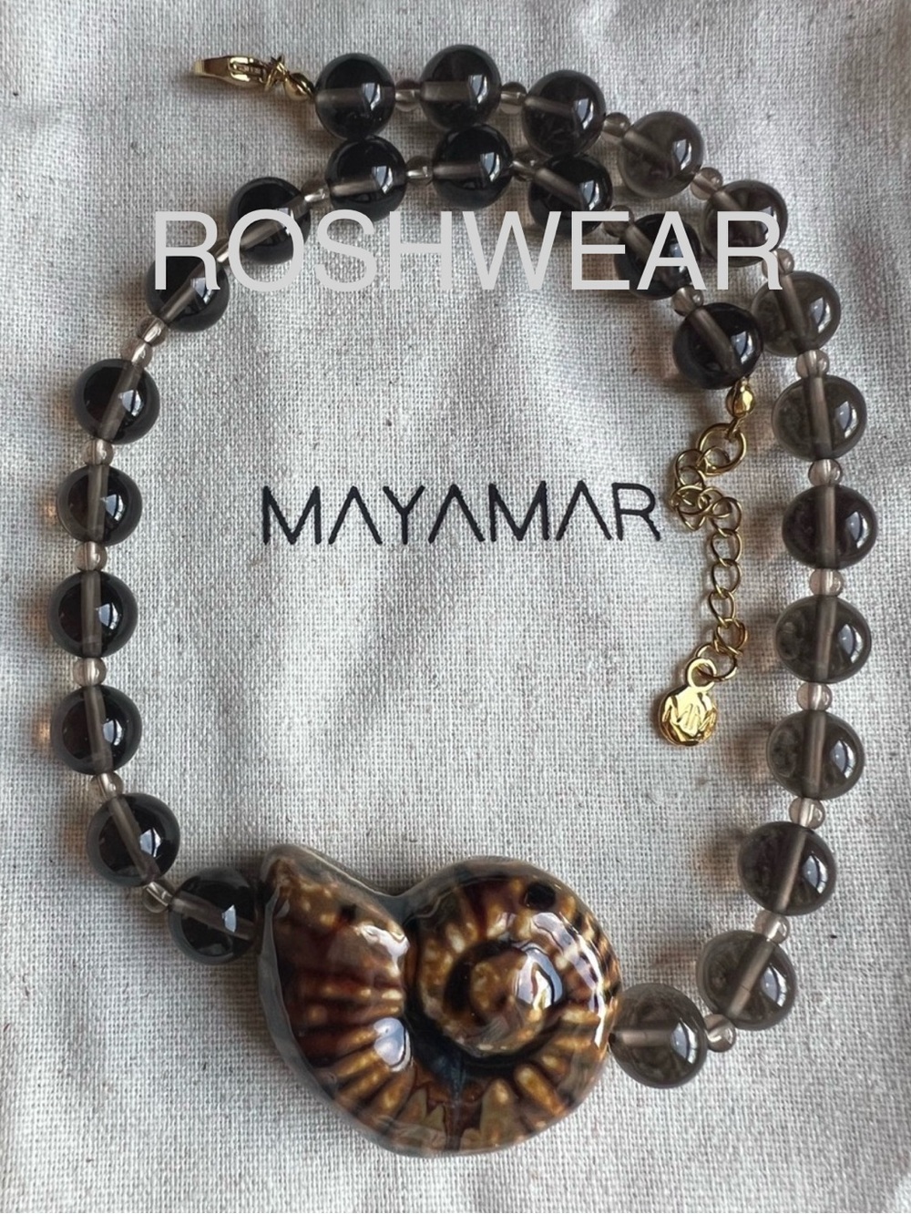 Mayamar Smokey Bead Necklace with Fossil Pendant NWOT
